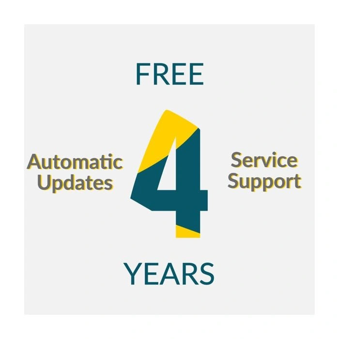 Promotional graphic with text 'FREE Automatic Updates 4 Years' and a large number '4' in blue and yellow on a white background.