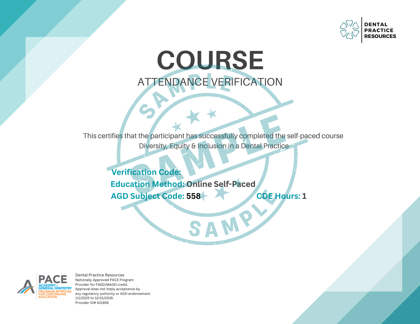 Course attendance verification certificate with a blue and white design and 'Dental Practice Resources' branding.
