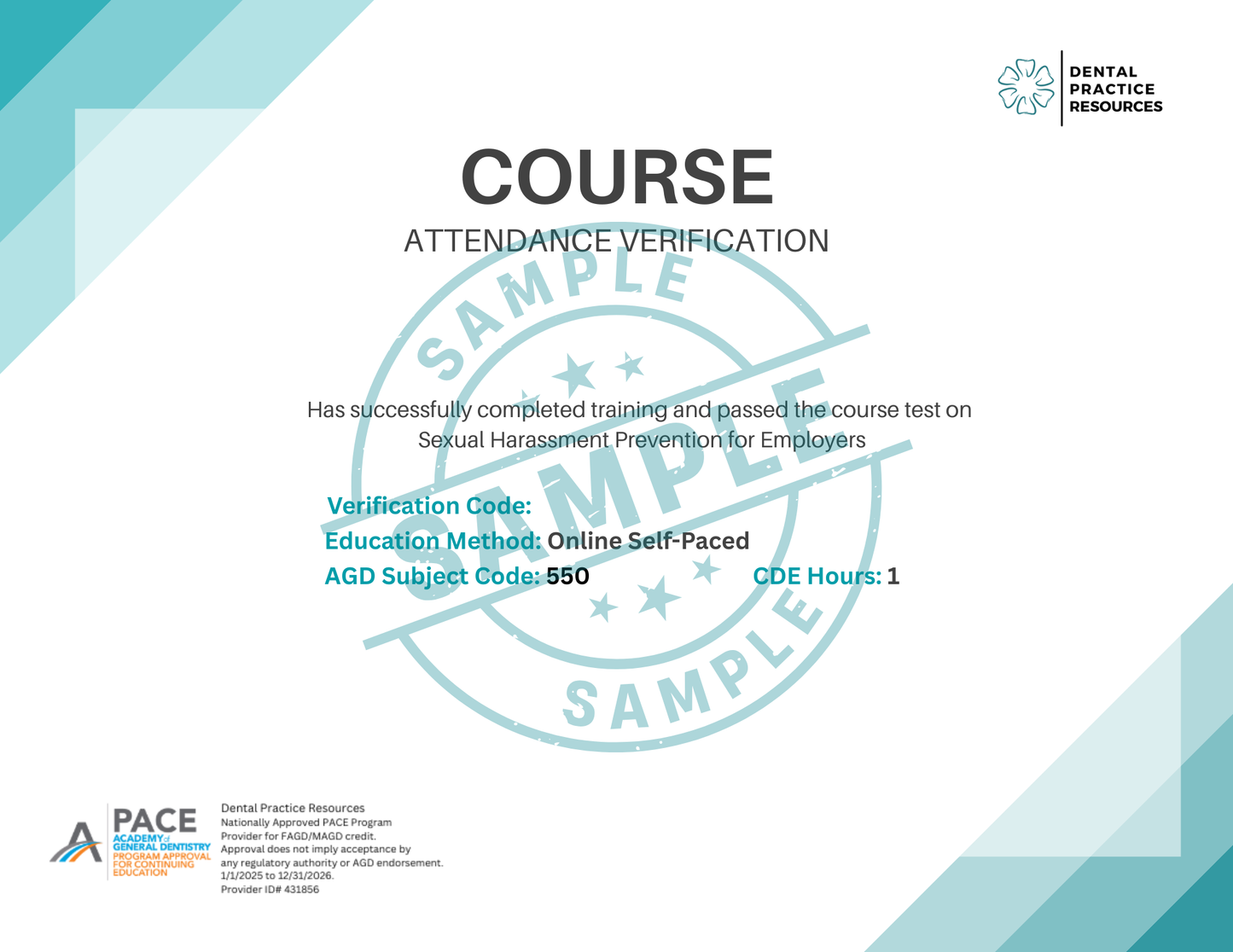 Course attendance verification document with a blue and white design on a white background