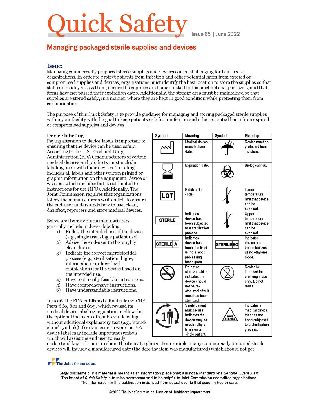 Quick Safety - Managing packaged sterile supplies and devices (Page 1 of 3)
