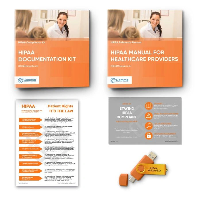 HIPAA documentation kit with manuals, posters, and a USB drive on a white background