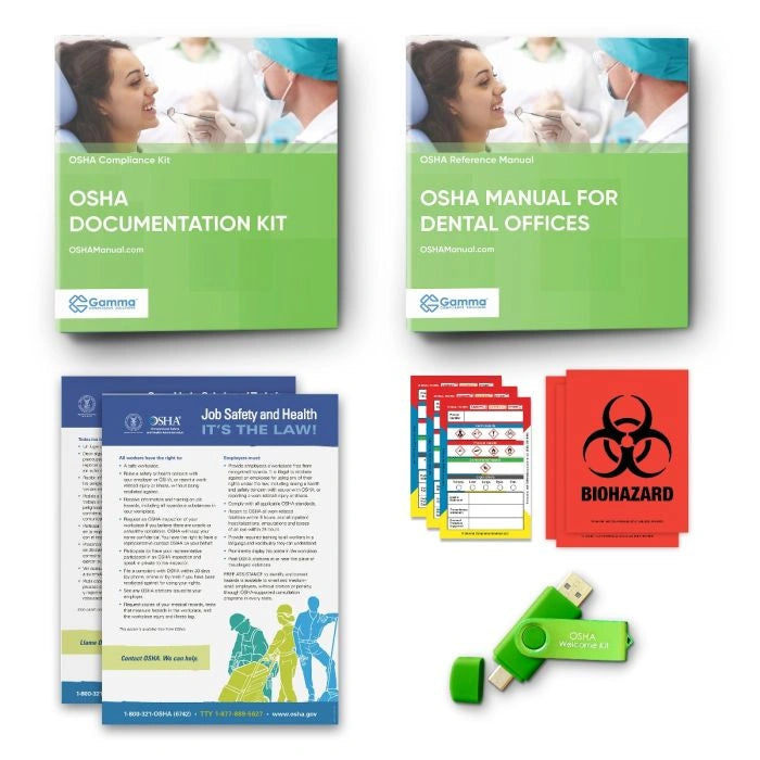 OSHA documentation kit and manuals for dental offices with a USB drive and biohazard sign.