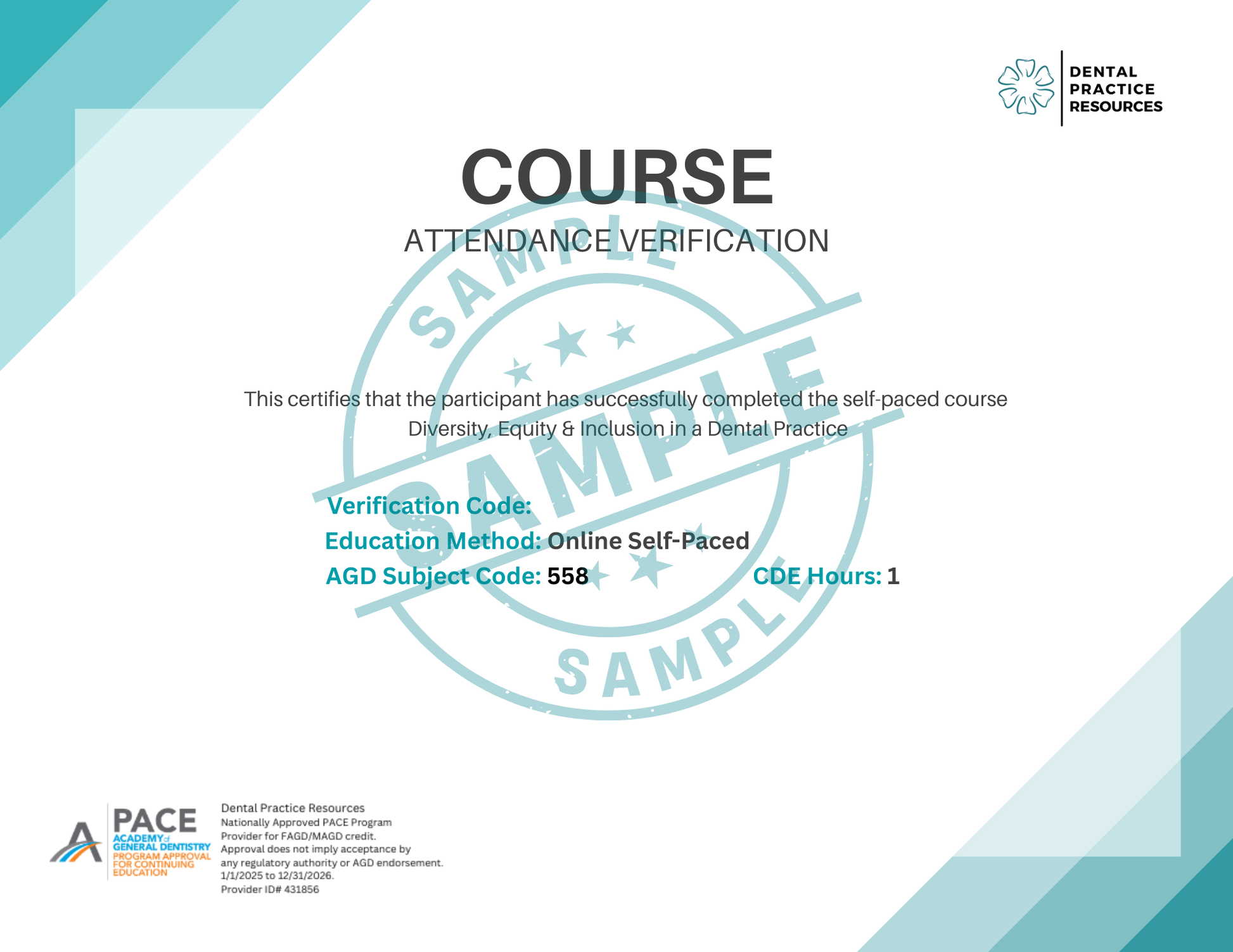 Course attendance verification certificate with a blue and white design and 'Dental Practice Resources' branding.
