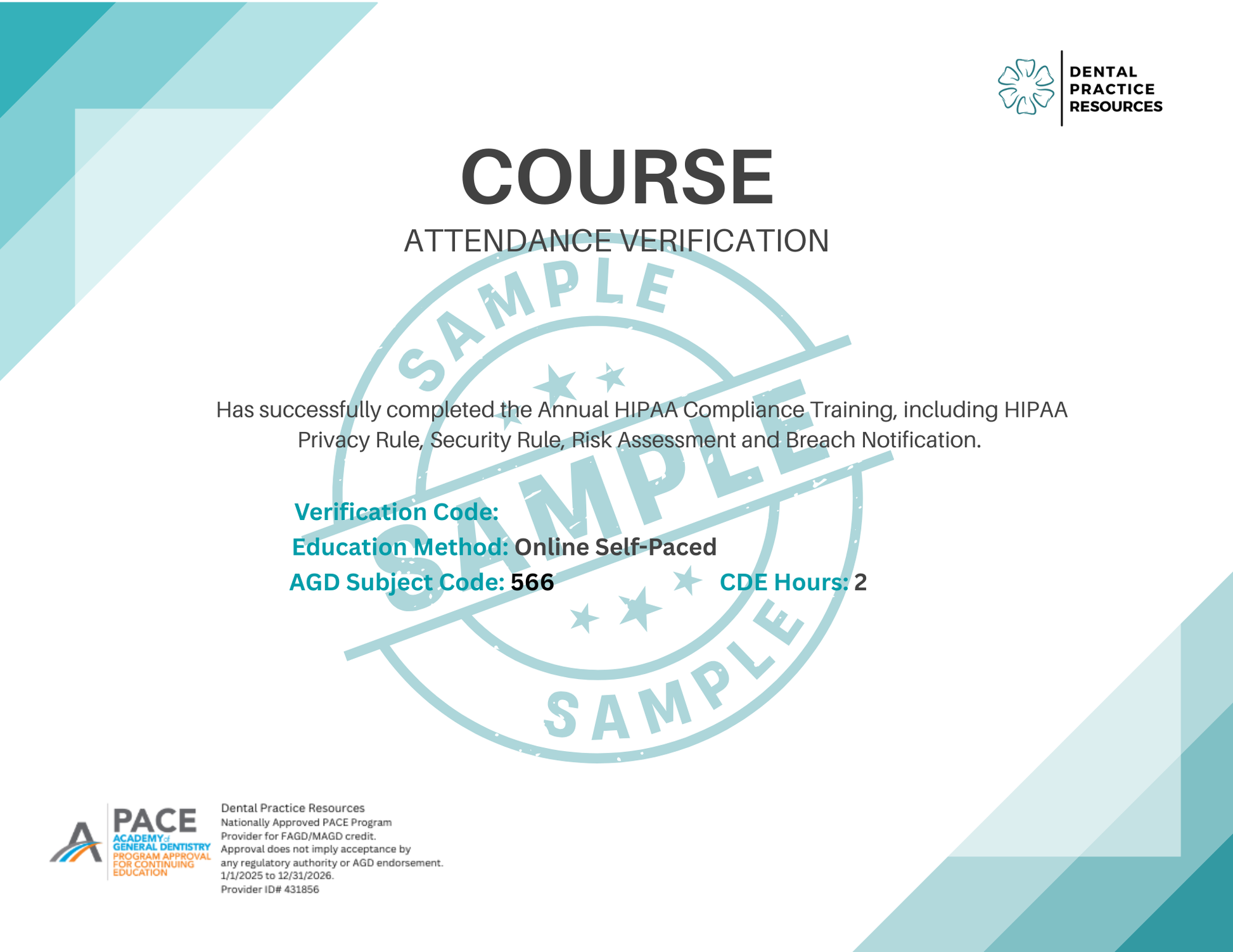 Course attendance verification document with a blue stamp on a white background