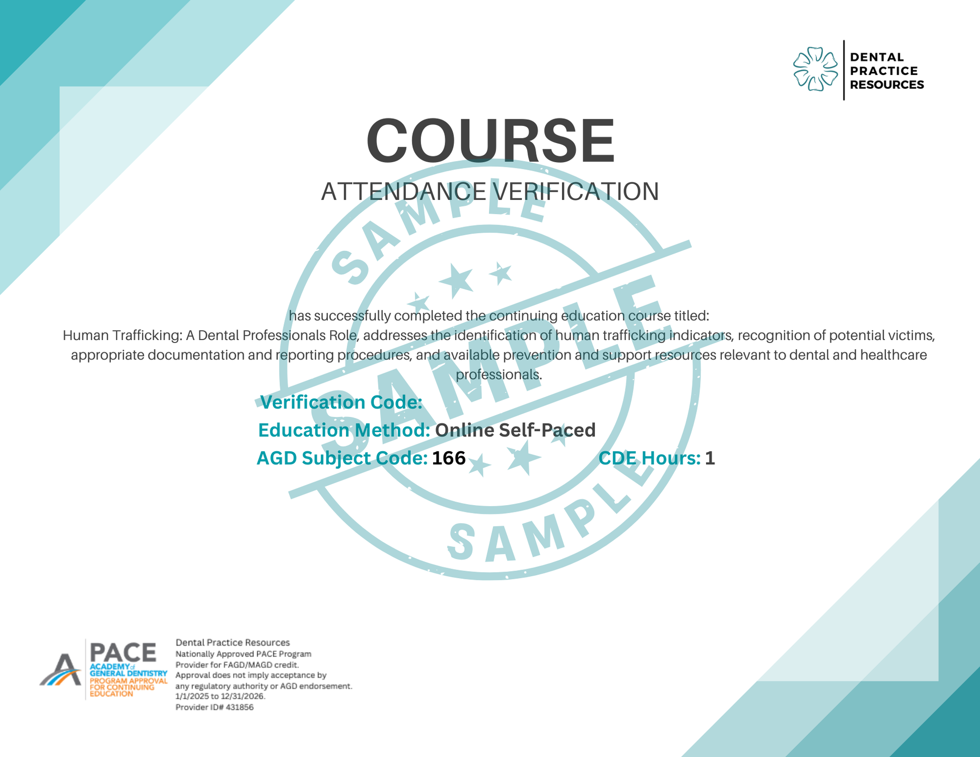 Course attendance verification document with a blue and white design, featuring the Dental Practice Resources logo.