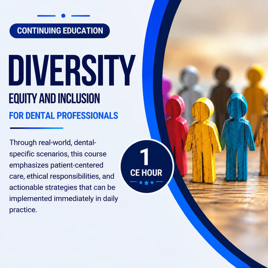 Advertisement for a continuing education course on diversity, equity, and inclusion for dental professionals with colorful figures in the background.