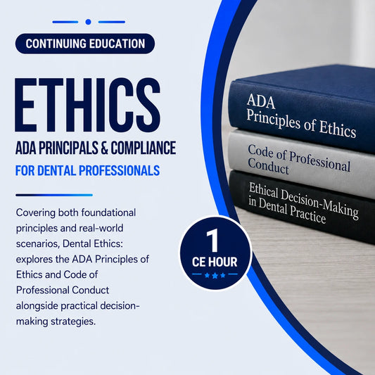 Promotional graphic for continuing education course on dental ethics with books titled 'ADA Principles of Ethics' and 'Code of Professional Conduct'.