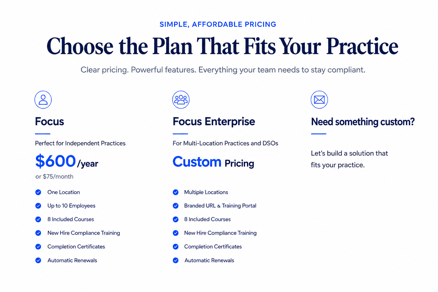 Focus™ dental compliance membership pricing for independent practices, multi-location practices and DSOs, with annual, monthly and custom plan options