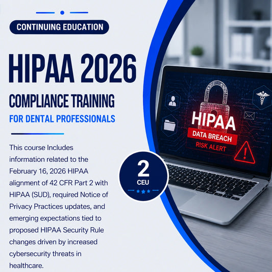Advertisement for HIPAA 2026 compliance training for dental professionals with a laptop displaying a HIPAA warning.