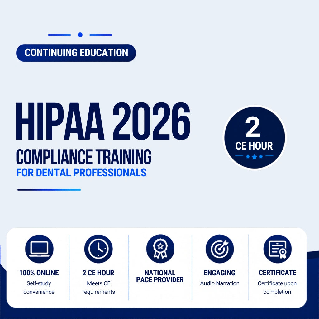 HIPAA 2026 Compliance Training for dental professionals with key features on a blue and white background.