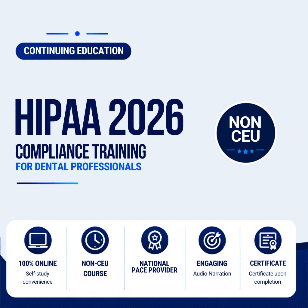 Advertisement for HIPAA 2026 compliance training for dental professionals with key features listed.