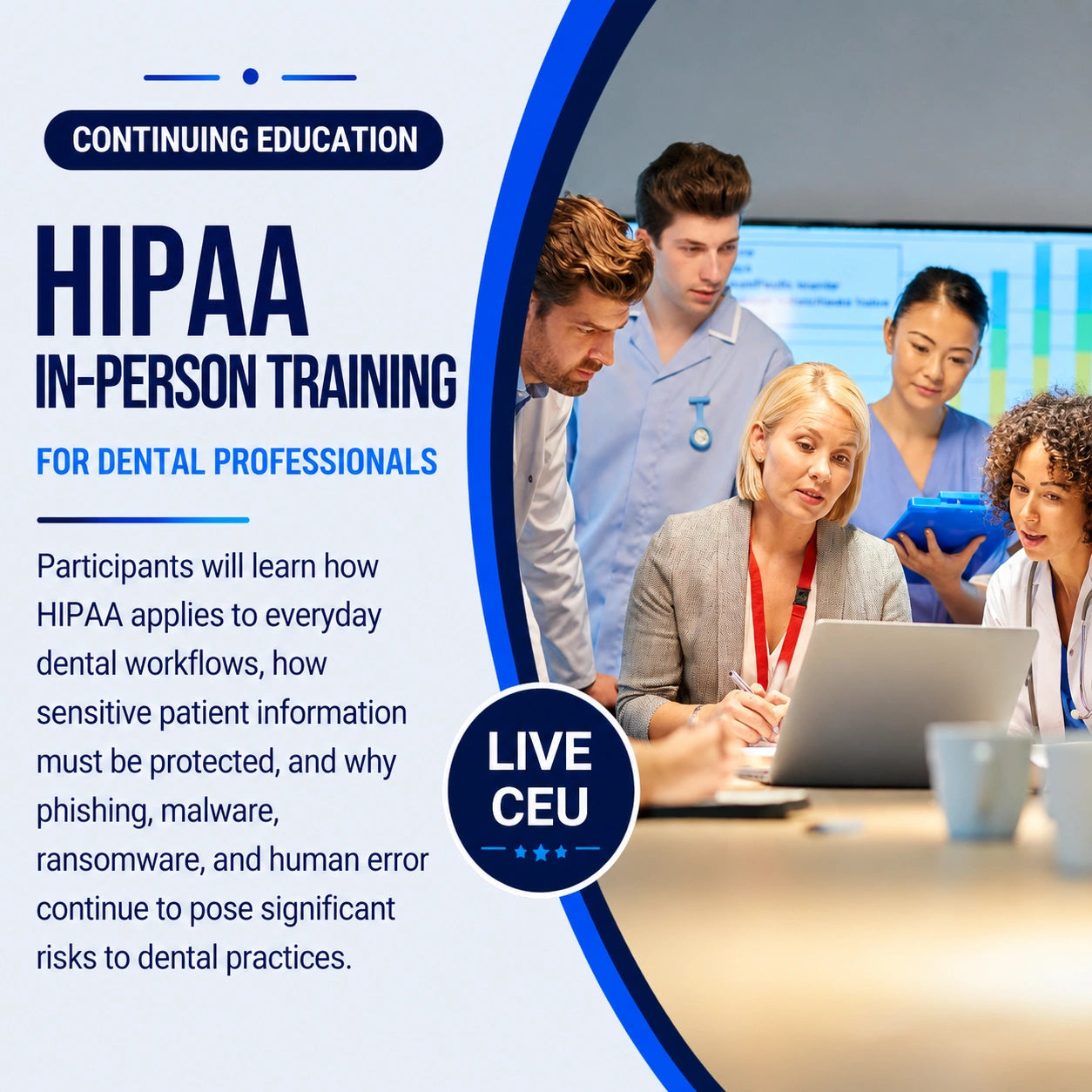 Advertisement for HIPAA in-person training for dental professionals with a group of people around a laptop.