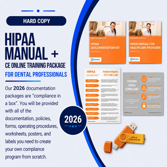 HIPAA manual and CE online training package for dental professionals with text and documents displayed.