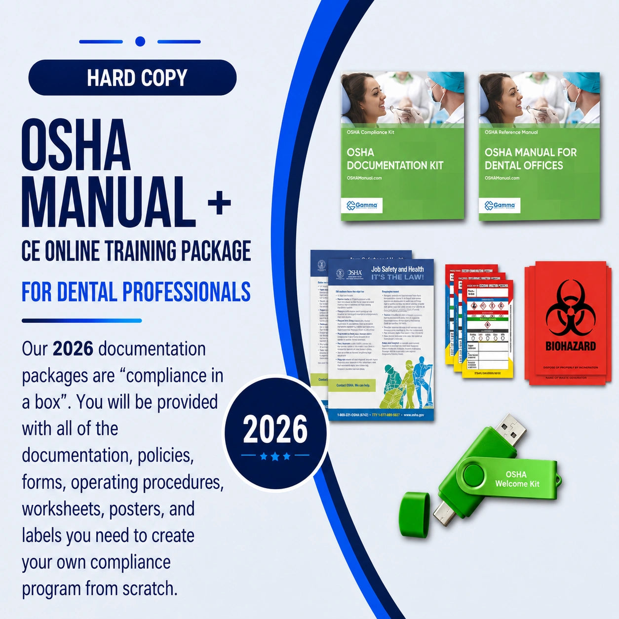 OSHA manual and CE online training package for dental professionals with text and images of manuals and USB drives.