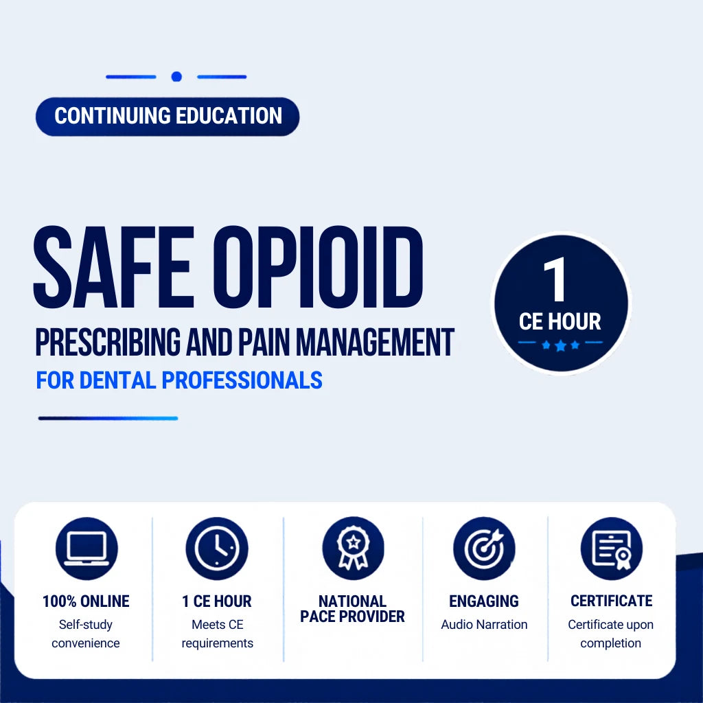 Promotional continuing education graphic for a “Safe Opioid Prescribing and Pain Management for Dental Professionals” online course. The design features bold navy and blue typography on a light gray background with a “1 CE Hour” badge. The lower section highlights course features including 100% online self-study convenience, 1 CE hour, National PACE Provider status, engaging audio narration, and certificate upon completion. The graphic uses a clean professional healthcare-themed layout designe