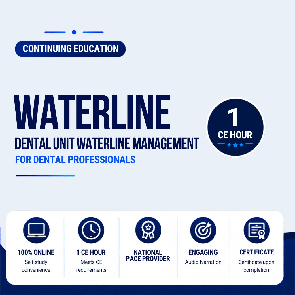 Promotional graphic for a dental continuing education course on waterline management.