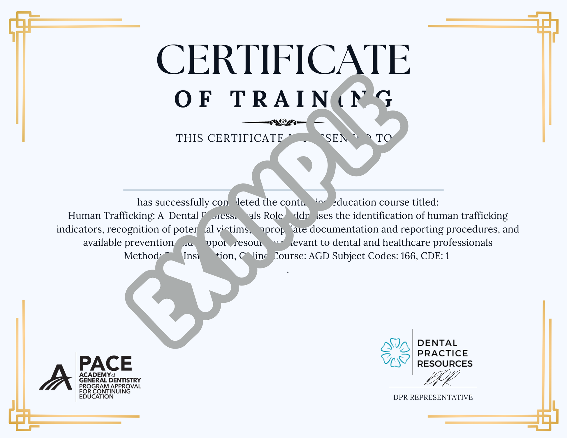 Sample certificate of completion for human trafficking awareness CE course, 1 CE credit, AGD PACE approved