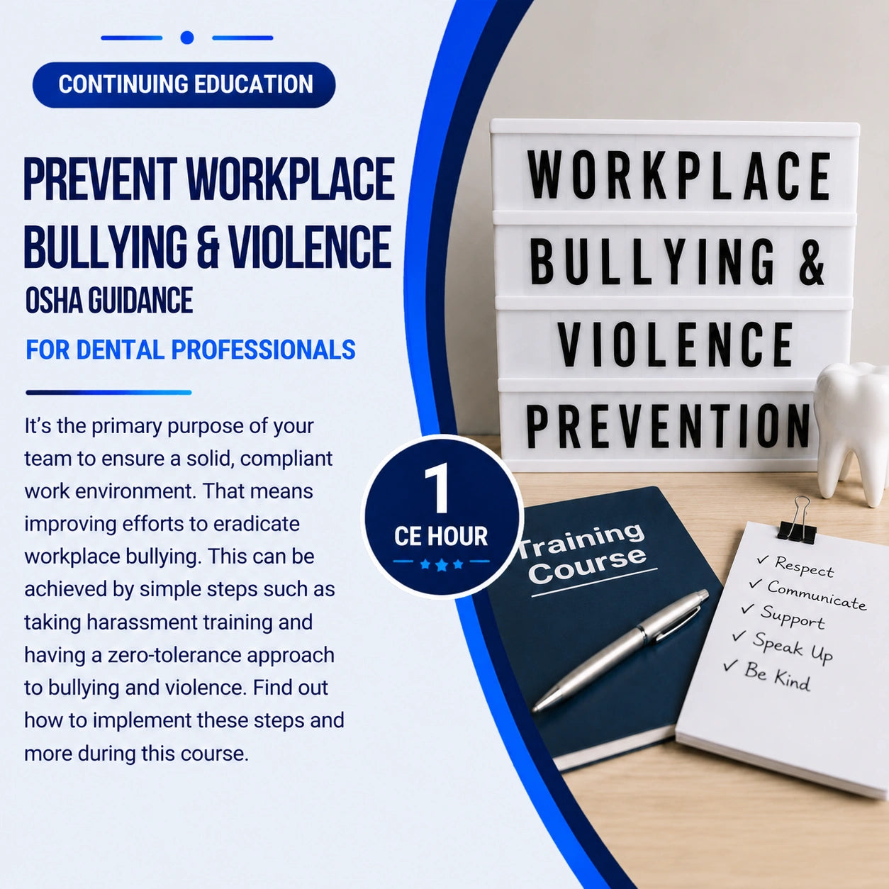 Advertisement for workplace bullying and violence prevention training course with text and a lightbox sign.
